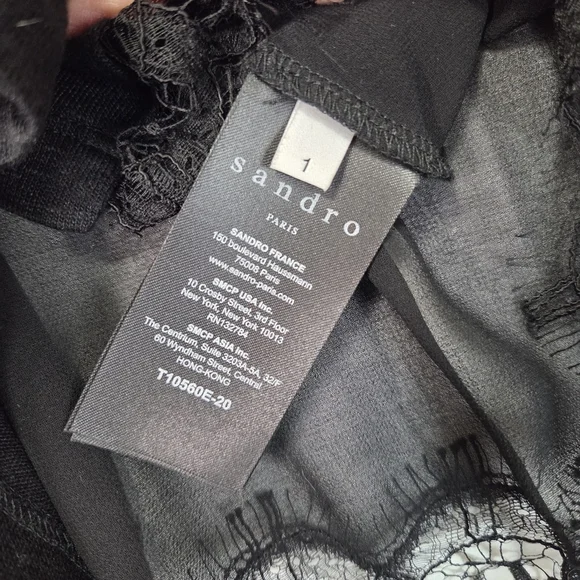 Sandro Paris Black Sheer Lace Hem Blouse Size 1 US S Linen Blend Long Sleeve - Picture 8 of 15